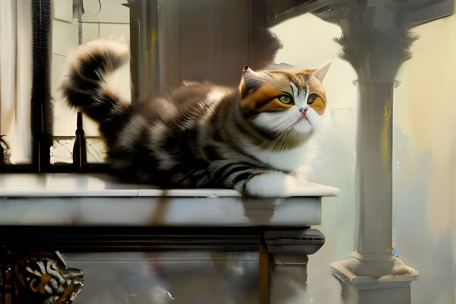 Scottish Fold Cat with Marble Fur on Balcony