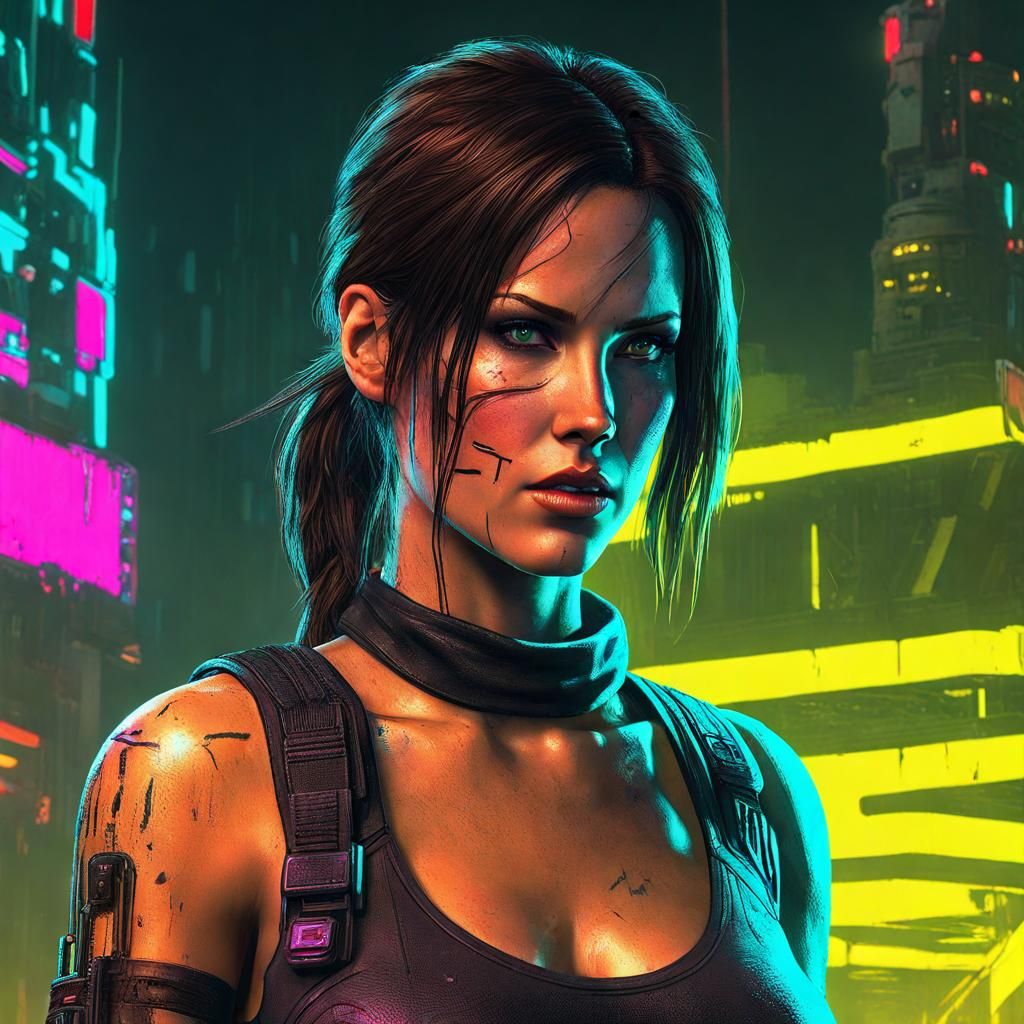 Cyberpunk Lara Croft in Neon Cityscape