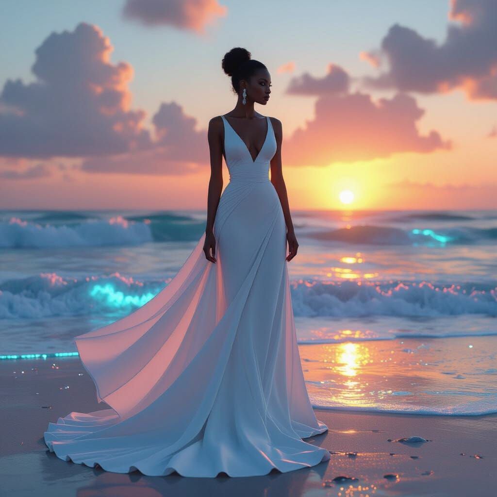 Futuristic Beach Sunset with Elegant Woman