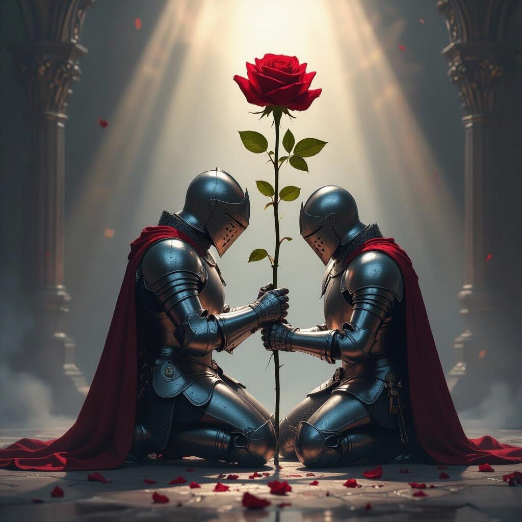Knight Kneels Before Crimson Rose, Dramatic Chiaroscuro Ligh...