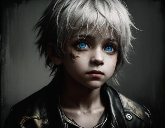 Child Boy in Grunge Oil Painting with Vibrant Eyes