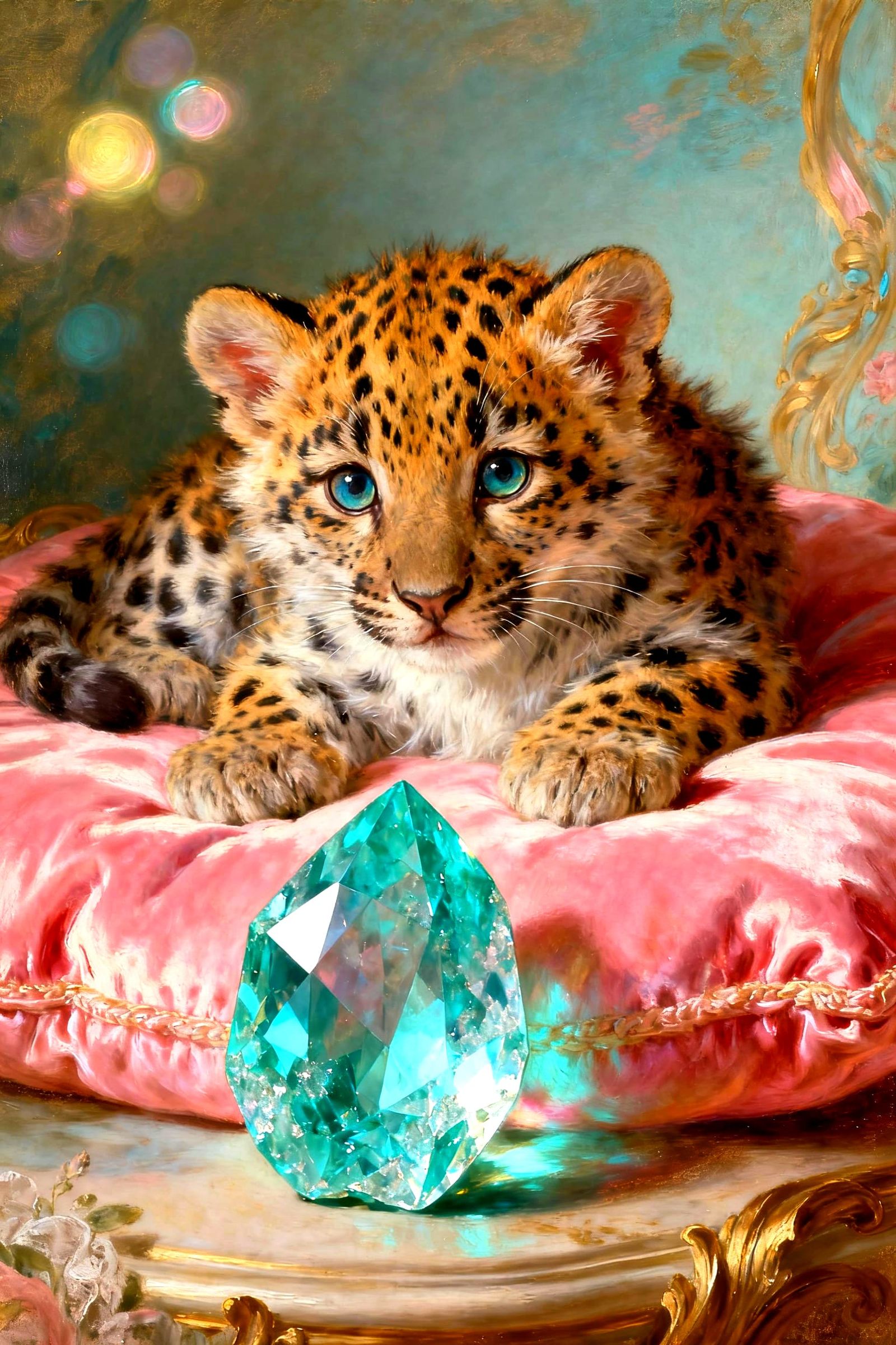 Leopard Cub with Aquamarine Gemstone on Pink Velvet