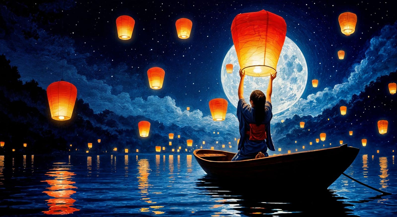 Woman with Lantern in Night Sky as Impasto Painting