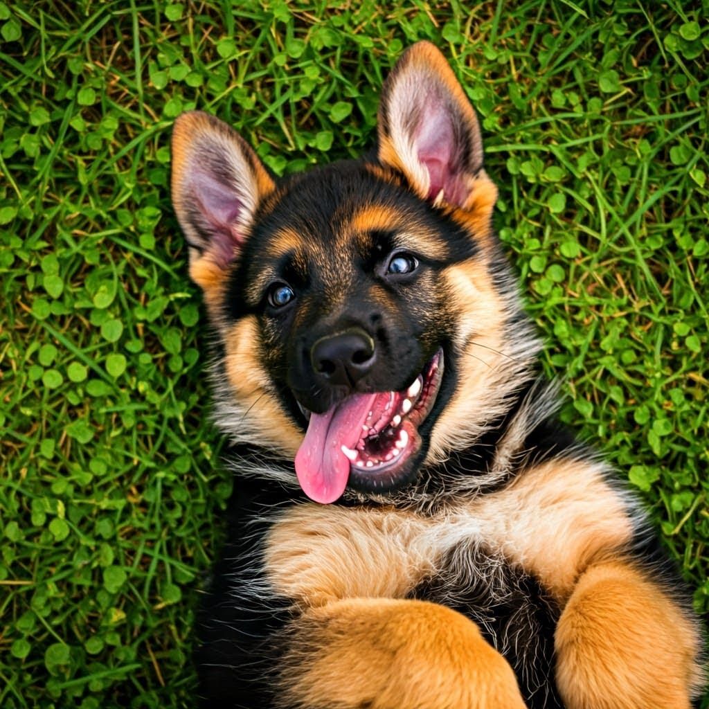 Playful German Shepherd Puppy Portrait from Above