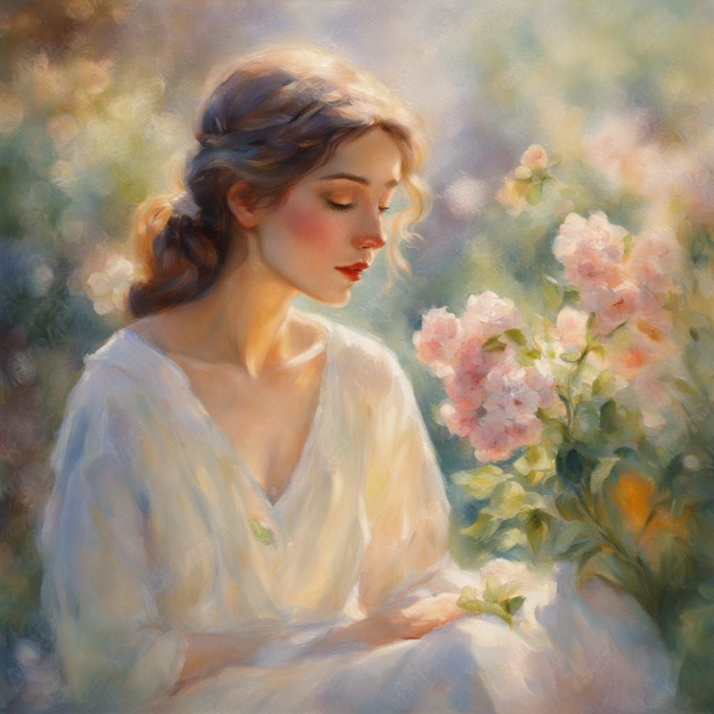 Impressionist Woman in Silk Slips, Garden Portrait