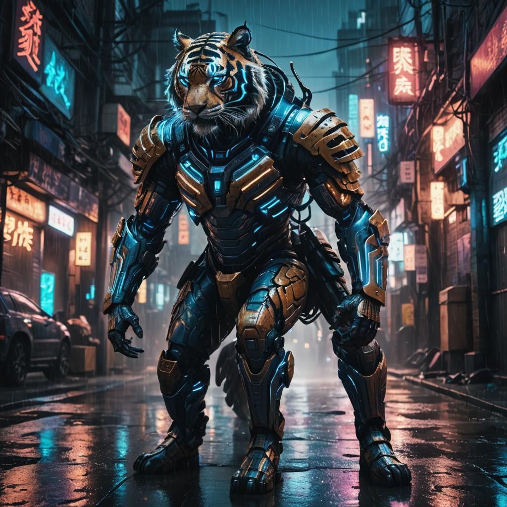 Cybernetic Tiger Warrior in Rainy Cyberpunk City