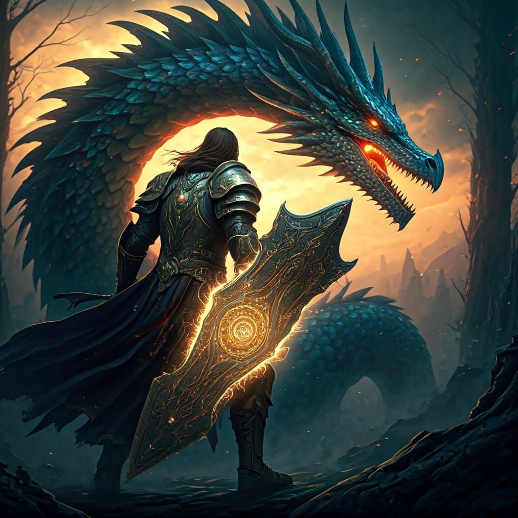 Warrior Defies Dragon in Iridescent Fantasy Realm