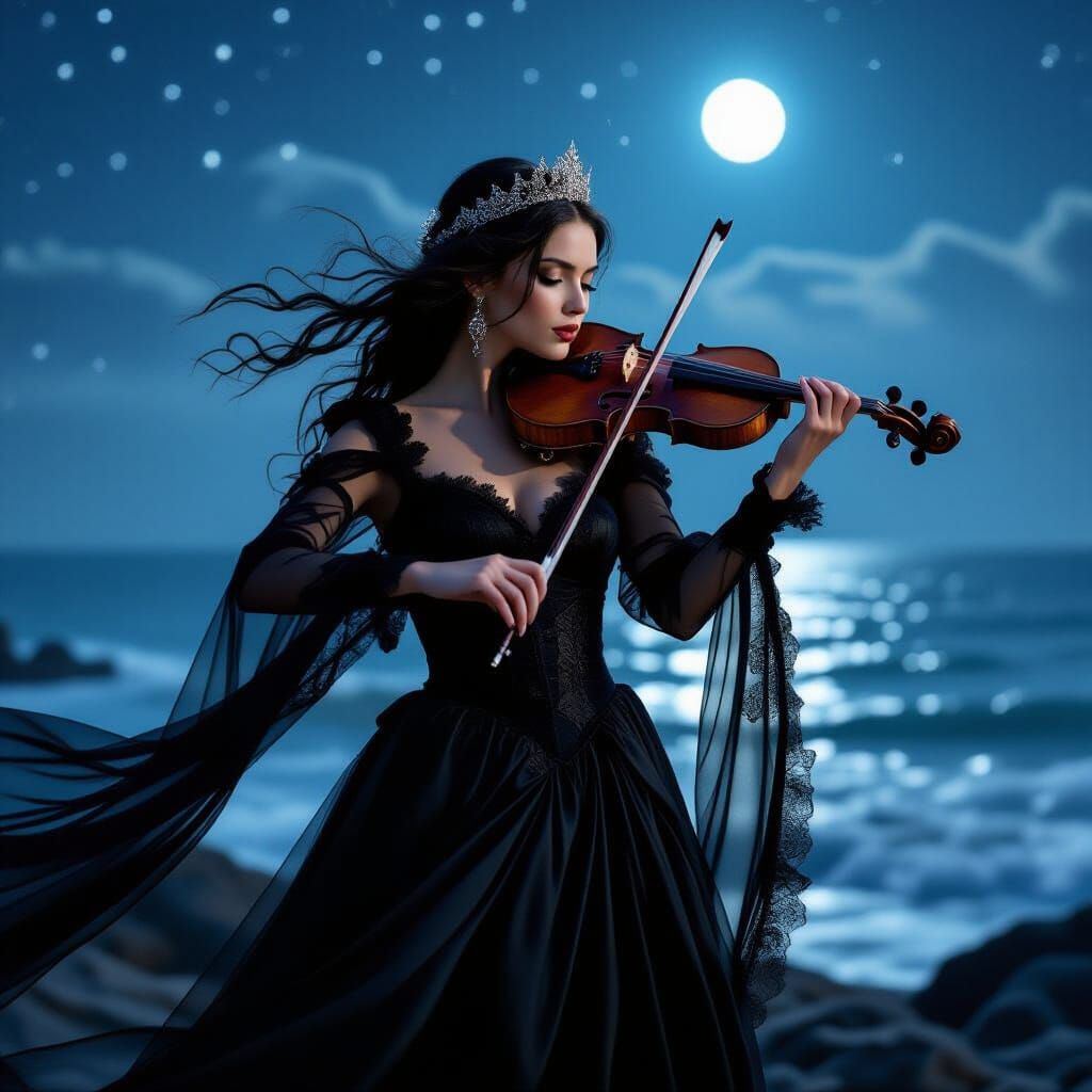 Gothic Violinist Solo by the Ocean Under Starry Night