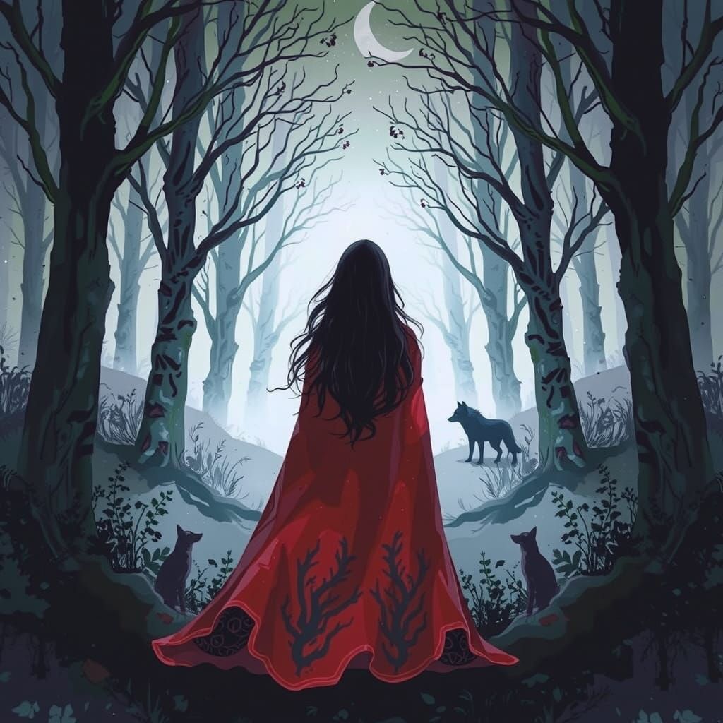 Dark Fantasy Woman in Red Cloak in Forest