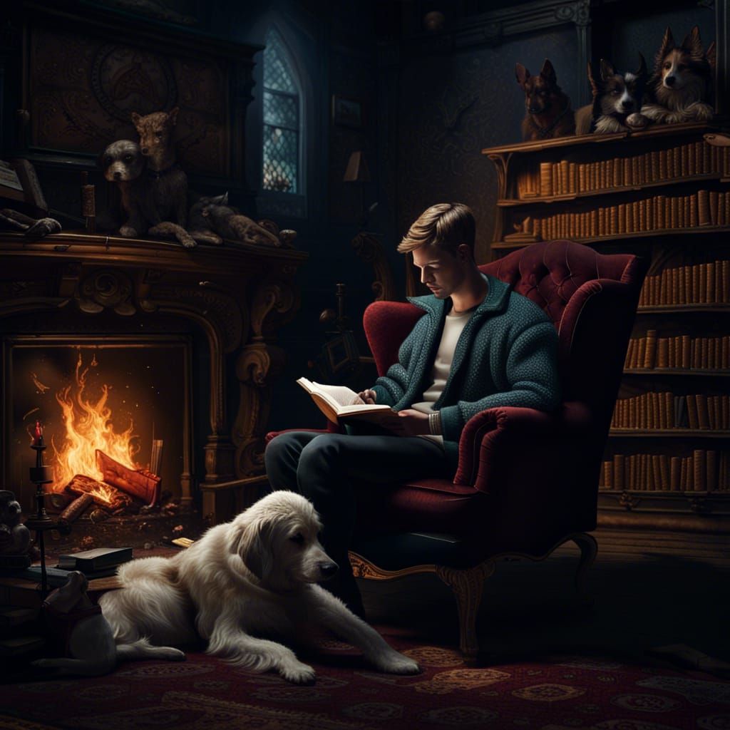 Man Reading by Fireplace in Dark Fantasy Room