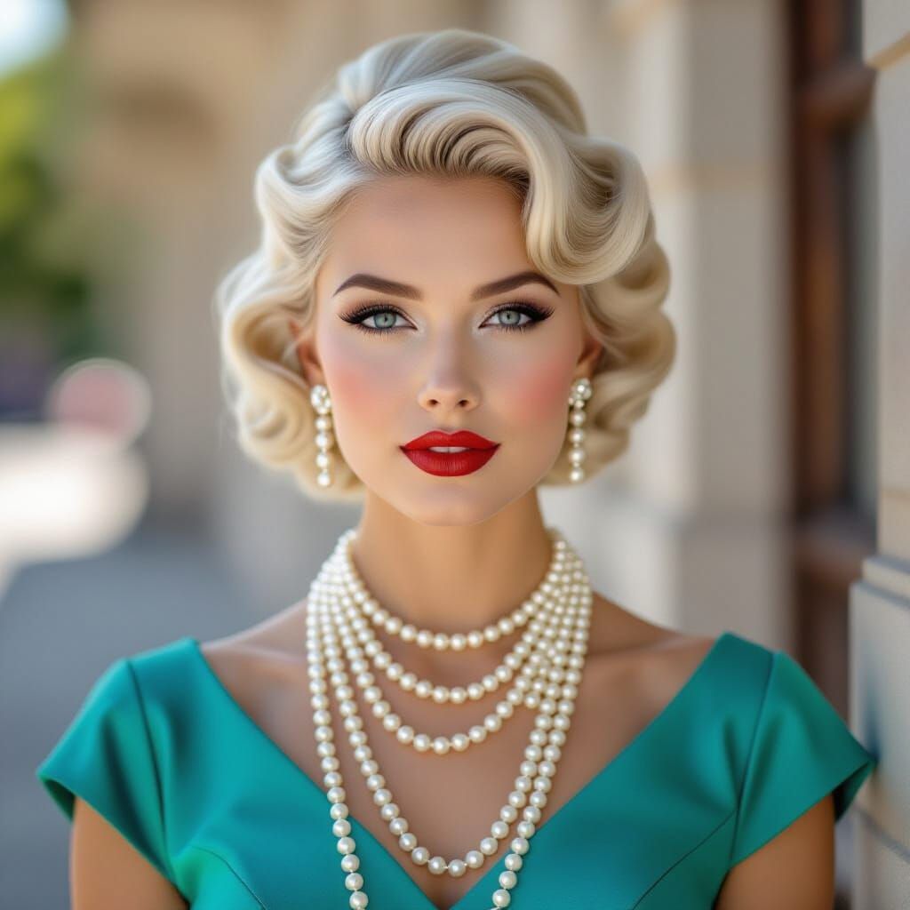 A 1950's woman with platinum blonde hair and red lipstick is...