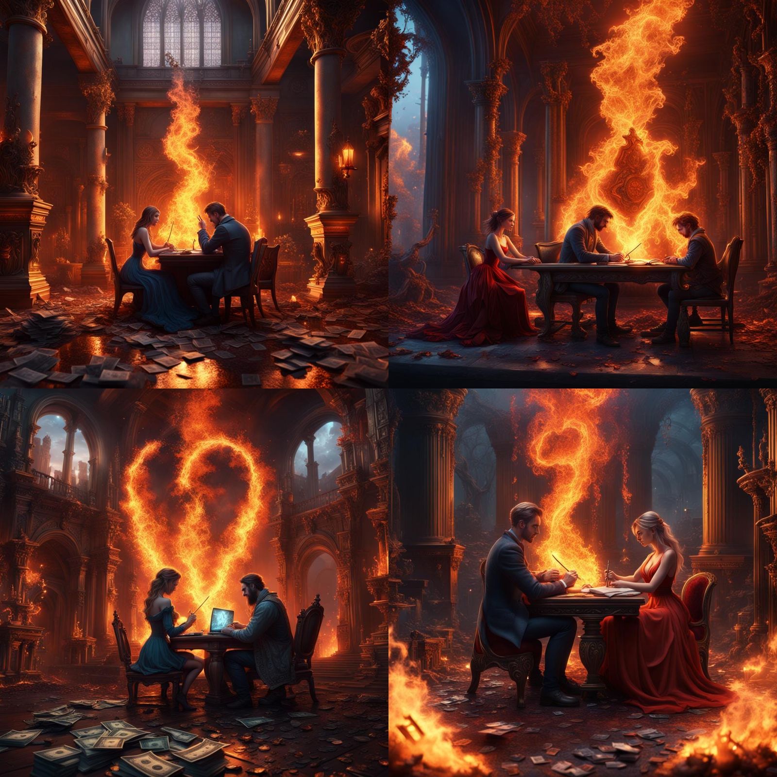 Fantasy Art: Couple Surrounded by Fire and Money