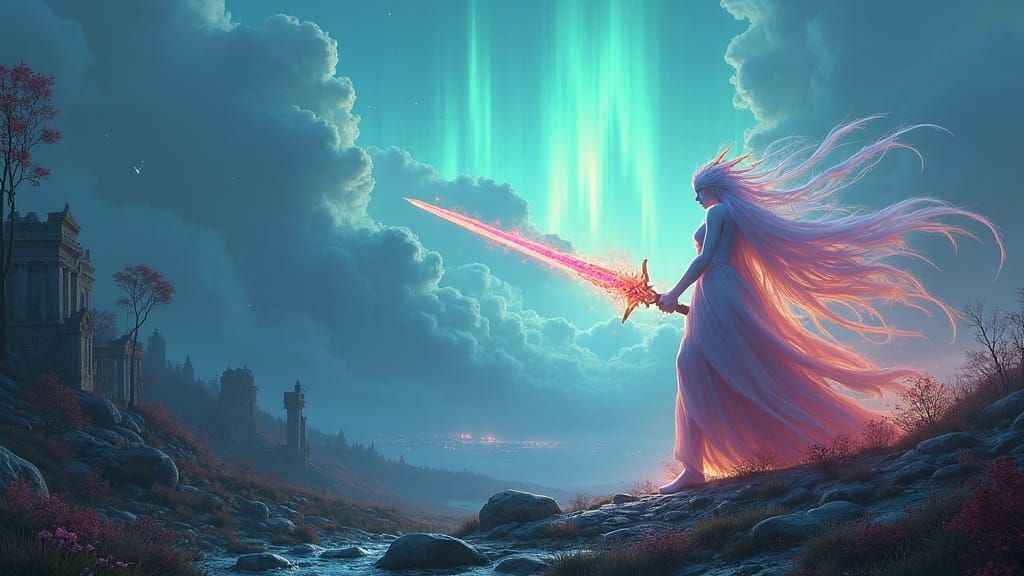 Ethereal Deity with Glowing Sword in Dystopian Landscape