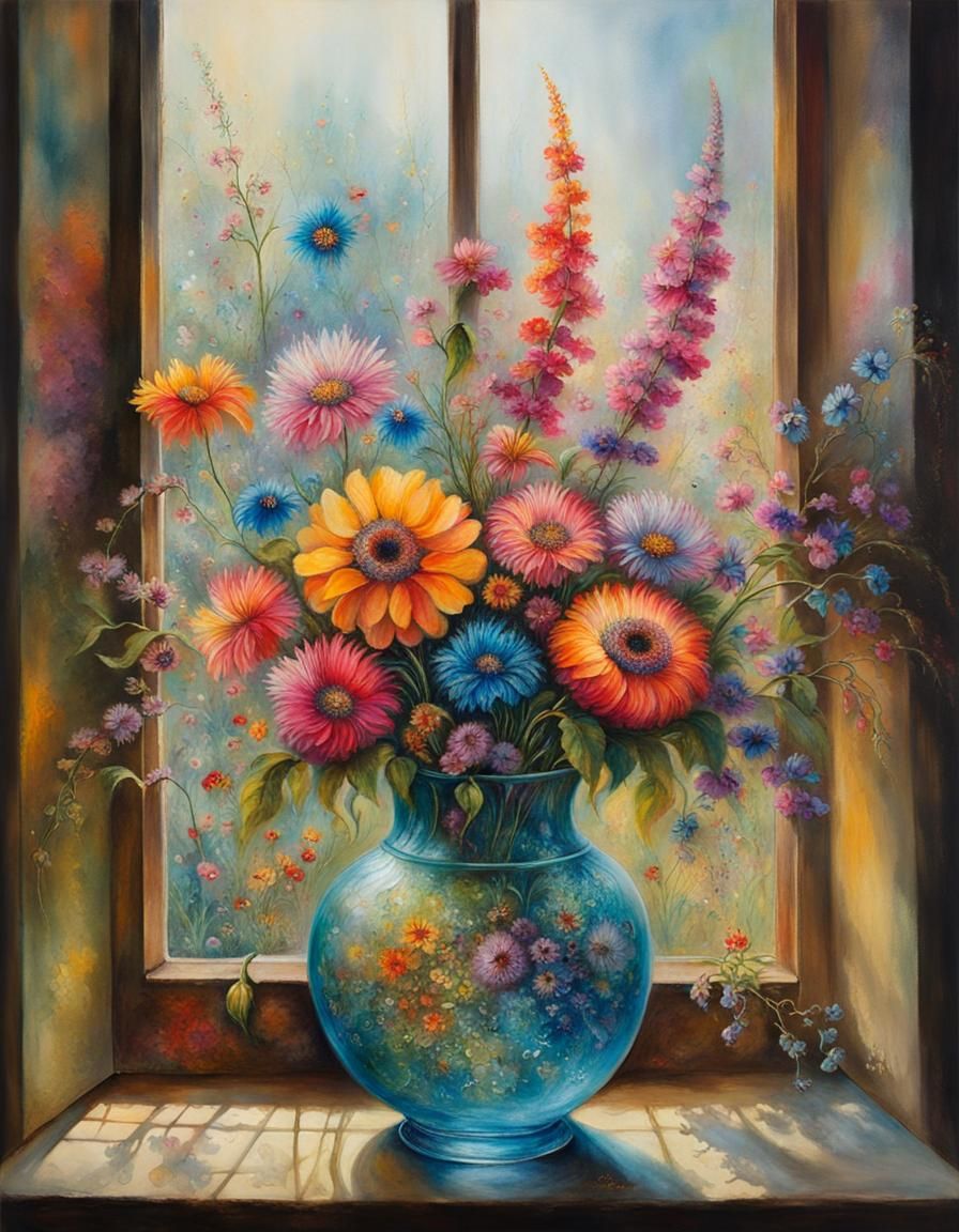 Exotic Flowers in Etched Vase: A Solarpunk Still Life