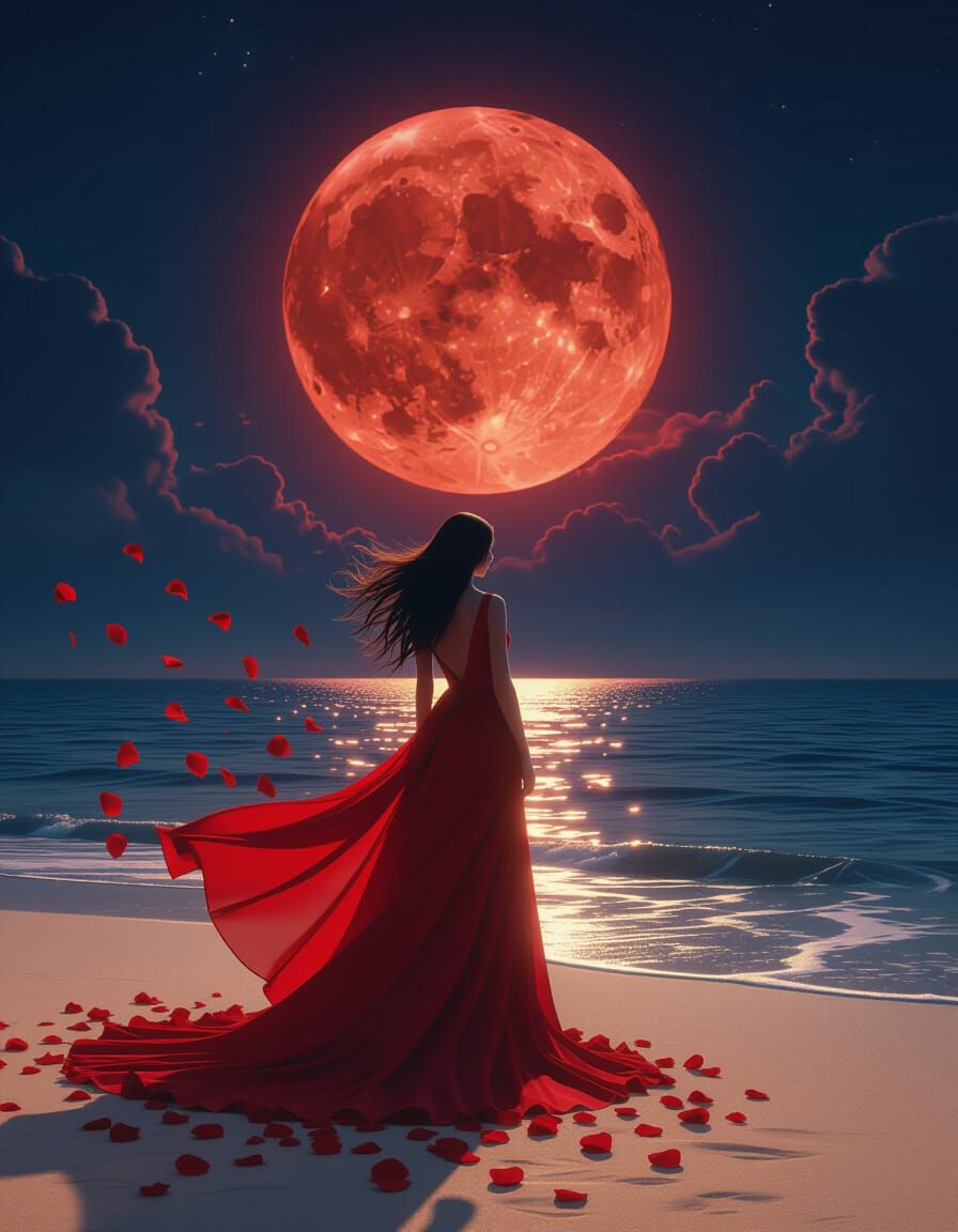 Mysterious Woman in Red Dress on Glowing Shore Under Blood M...