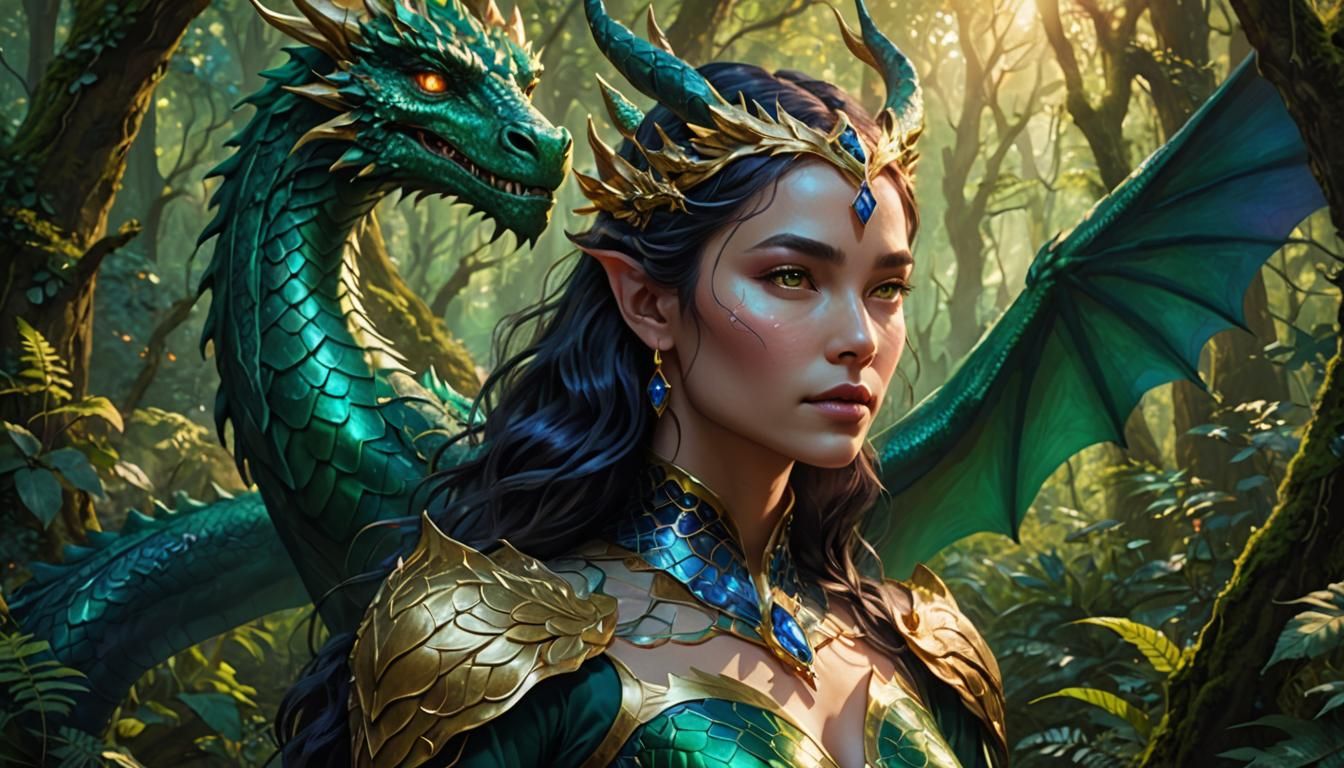 Dragon-Humanoid Woman in Magical Forest: Fantasy Art