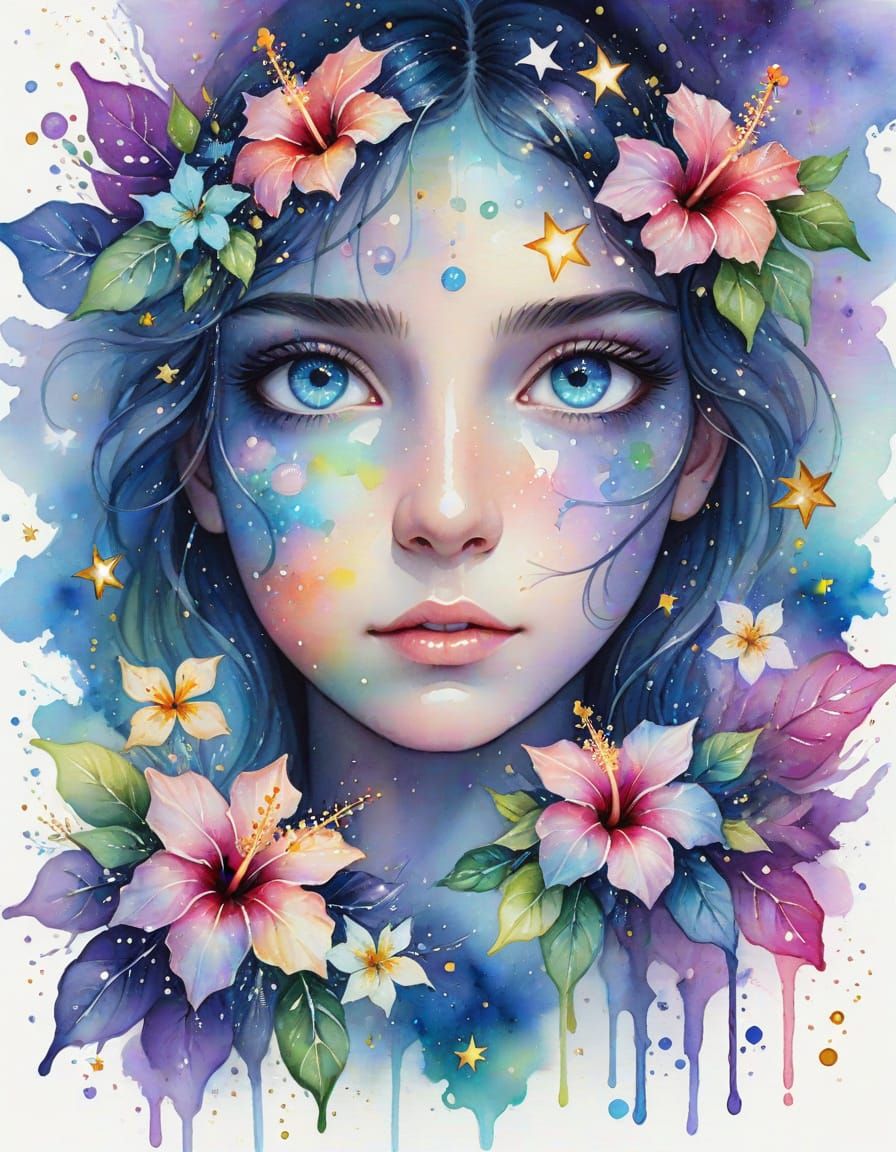 Opal Eyes with Stars and Hibiscus in Watercolor