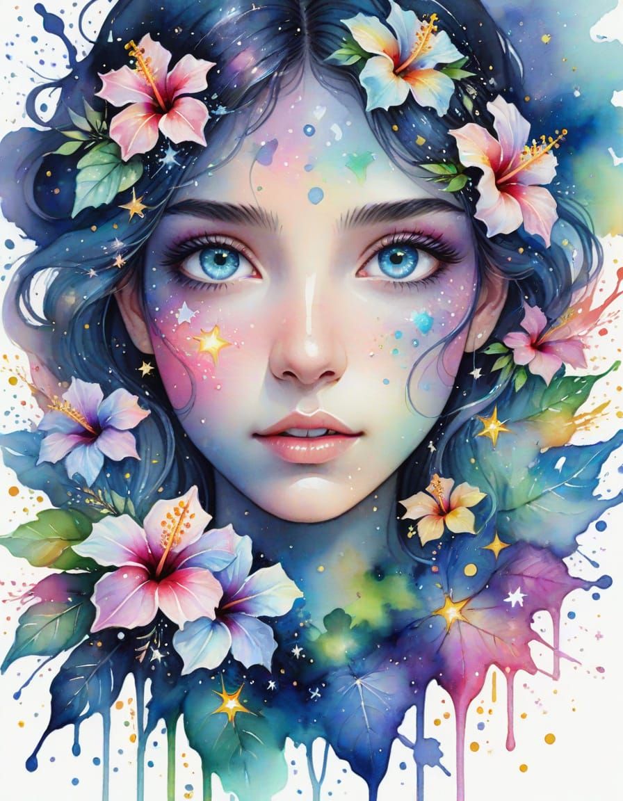 Opal Eyes with Stars and Hibiscus in Watercolor