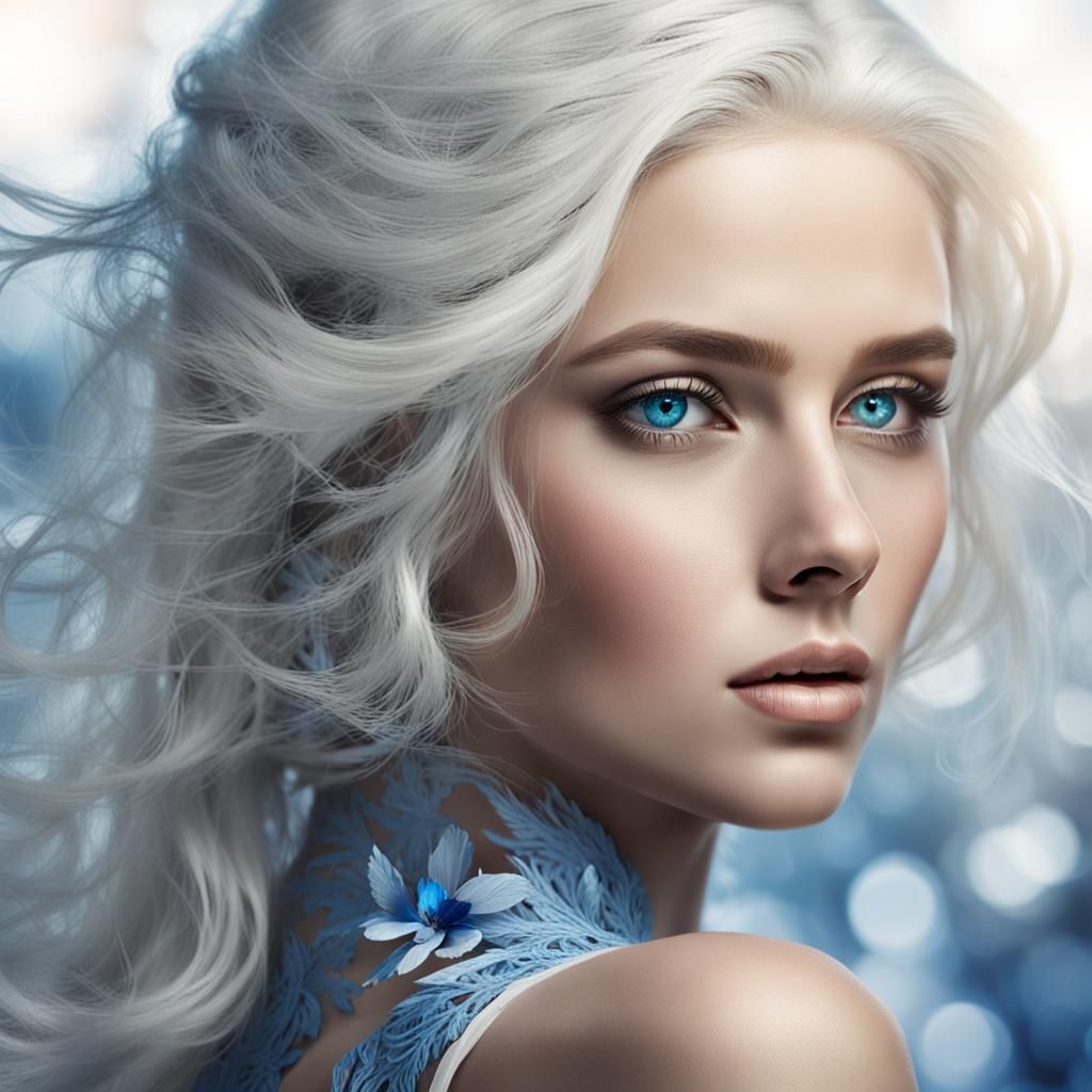 Beautiful White-Haired Model in Detailed Matte Painting