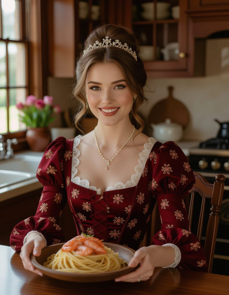 Victorian Woman Smiles in Luxurious Kitchen with Seafood Spa...