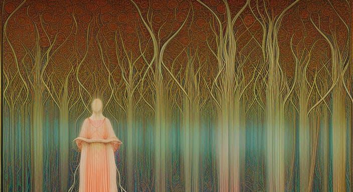 Surreal Sunset Woman in Glass Forest, Oil on Ceramic