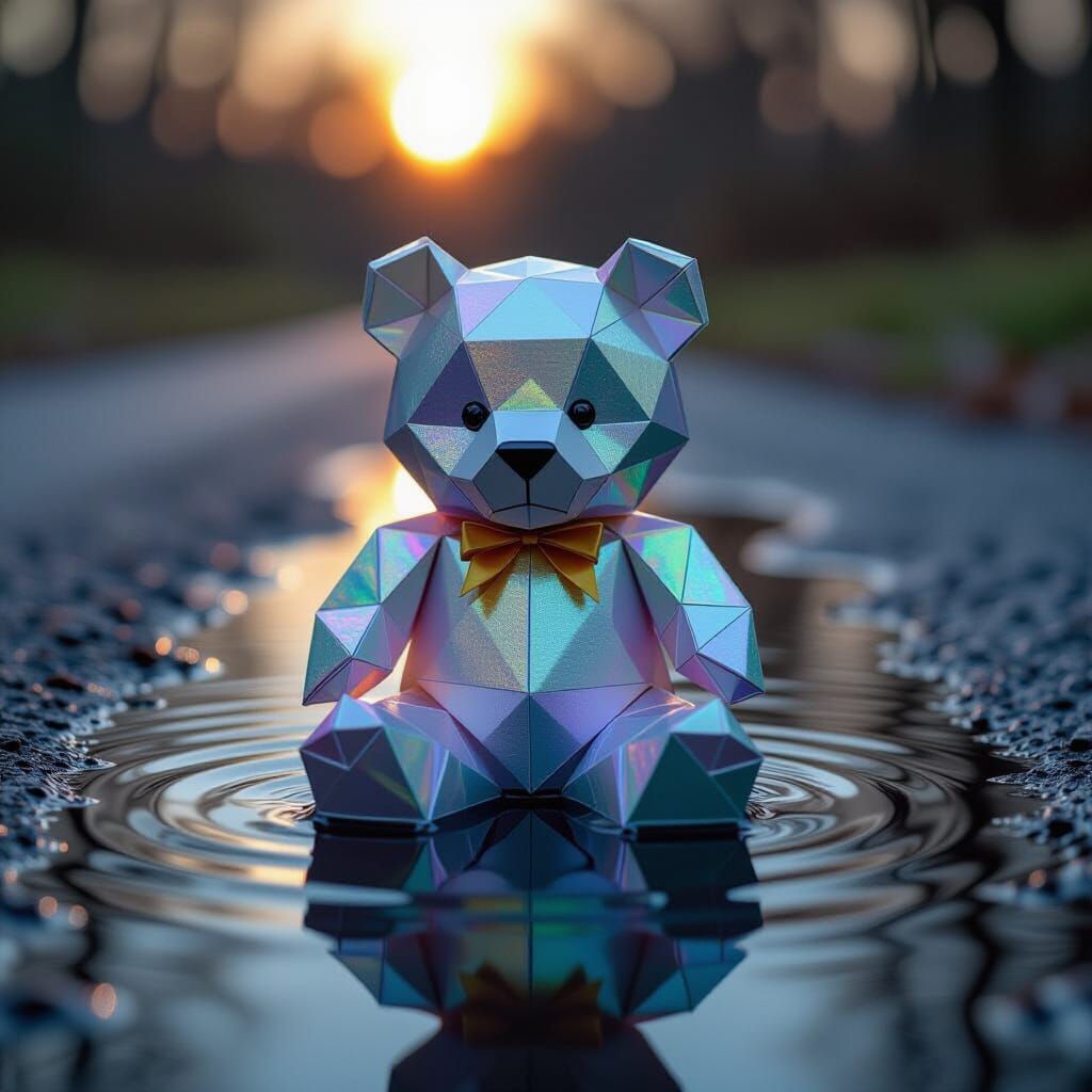Origami Bear in Rainbow Oil Puddle