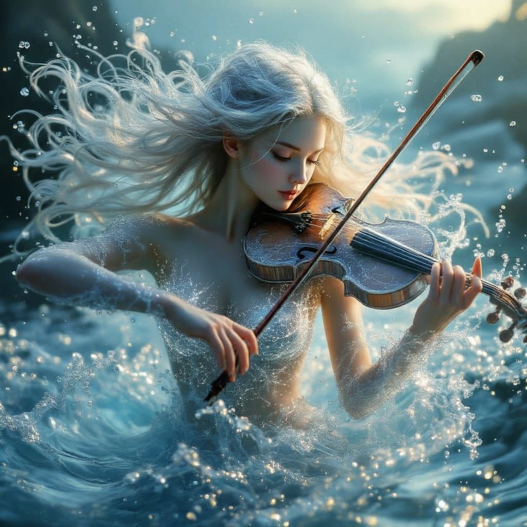 Sea Nymph Plays Water Violin in Ethereal Light