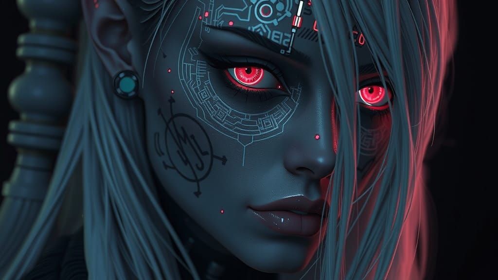 Cyberpunk Drow with Glowing Tattoos and Cybernetic Eye