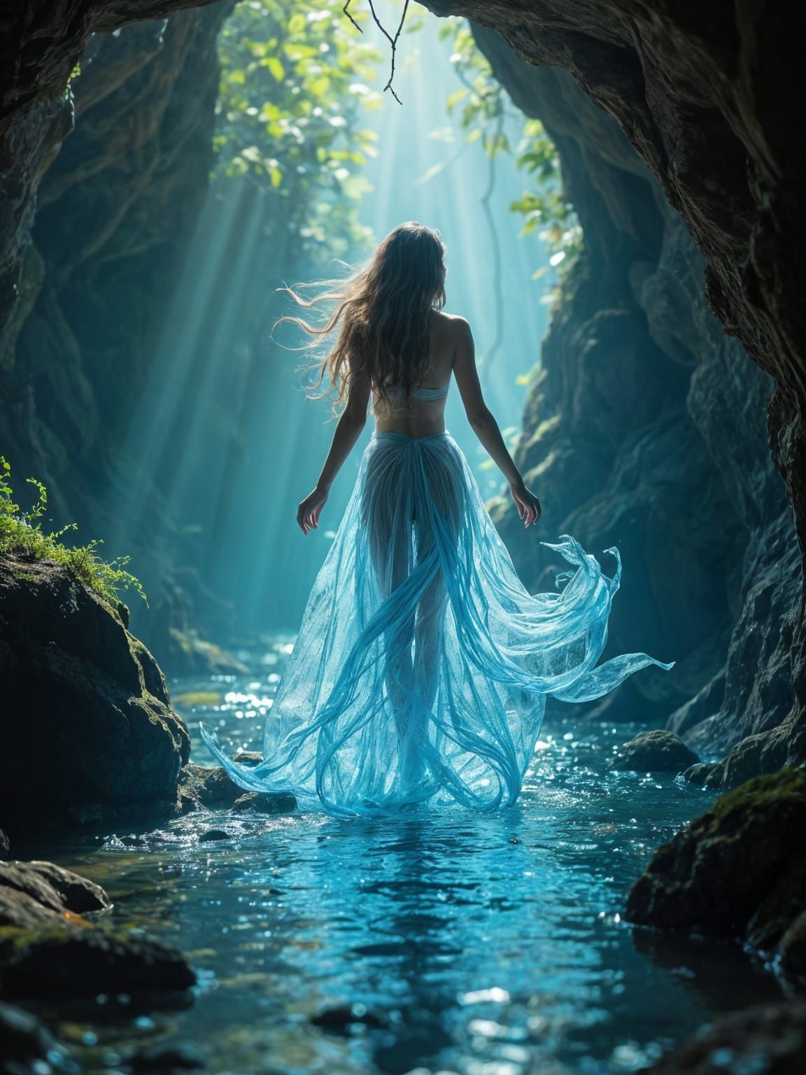 Ethereal Water Nymph Dancing in Underground Stream