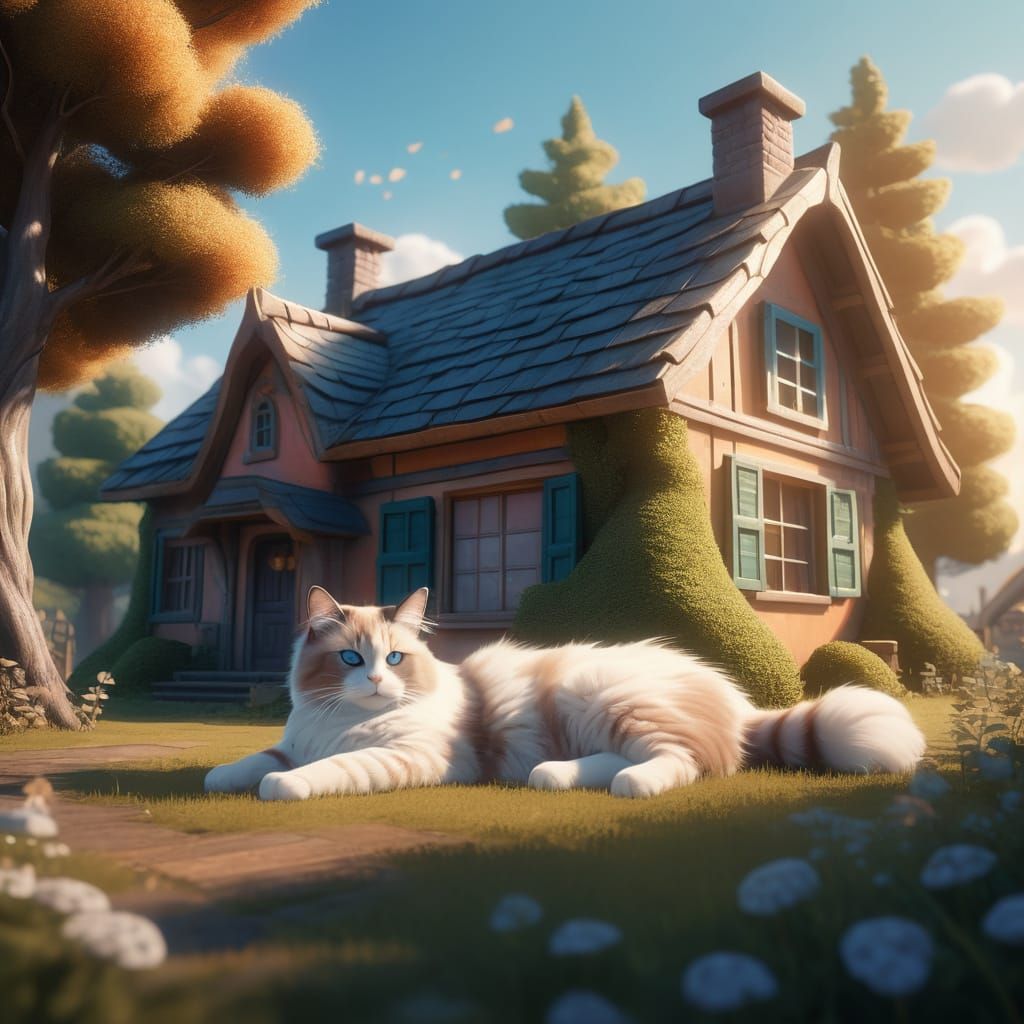 Giant Ragdoll Cat Surrounded by Miniature Trees in a Vibrant...