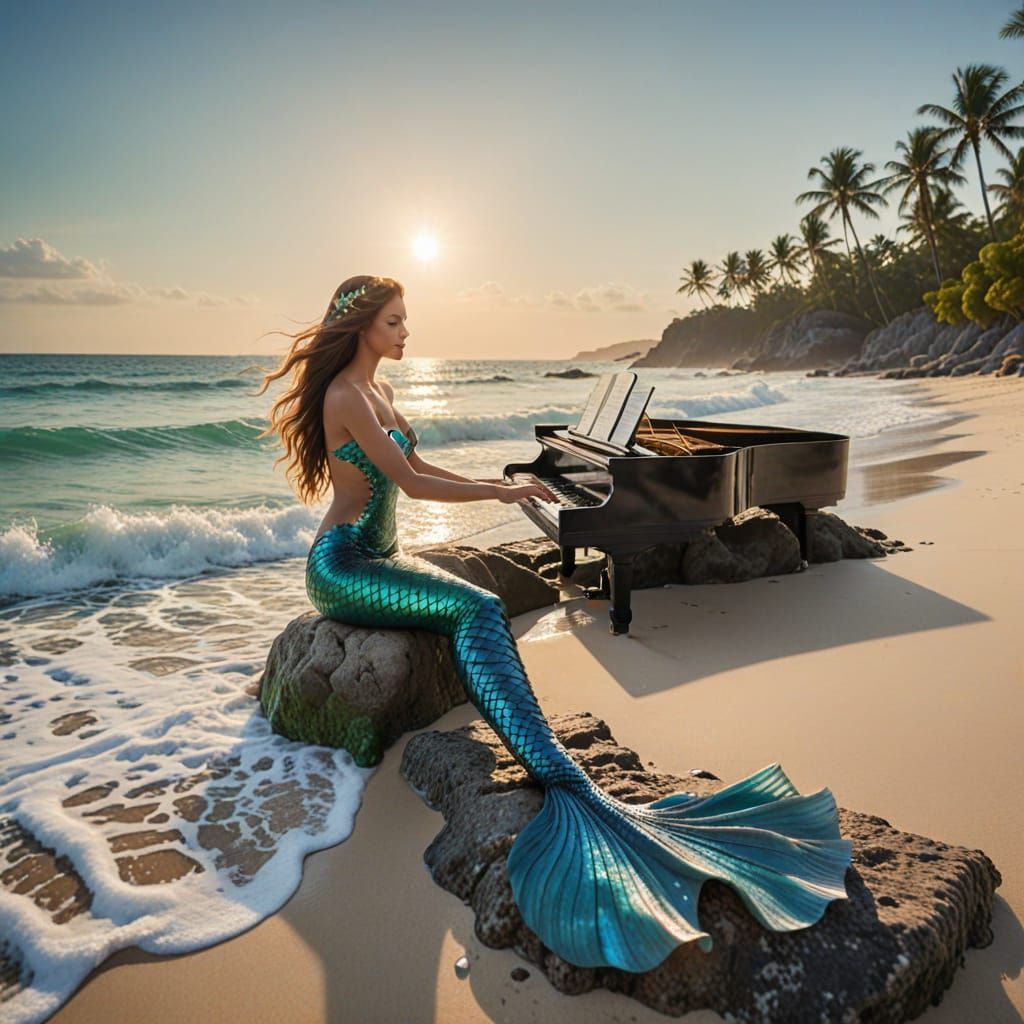 Hyper-Realistic Mermaid Piano Player on a Tropical Beach