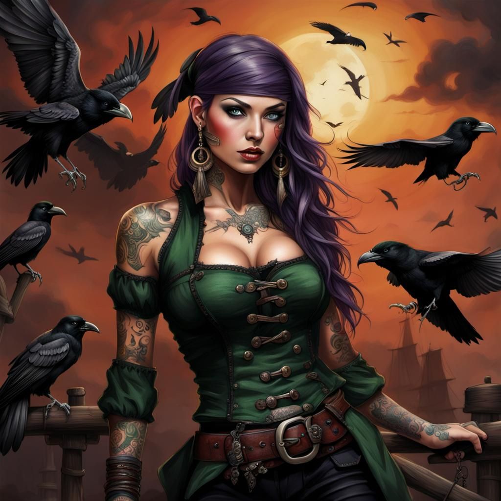 Green-Eyed Pirate Girl with Raven Tattoo