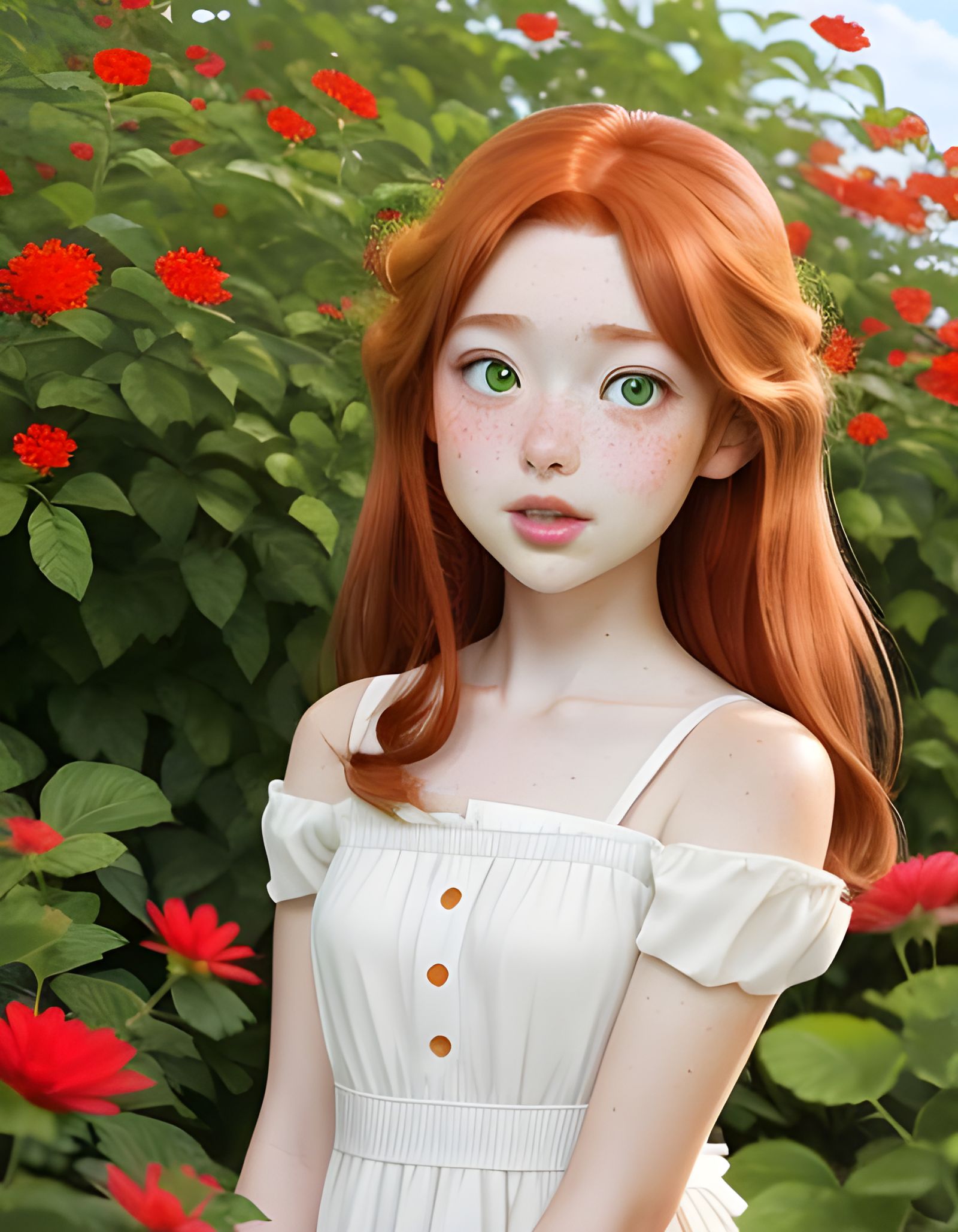 Girl with Green Eyes Picking Flowers, Ghibli Style