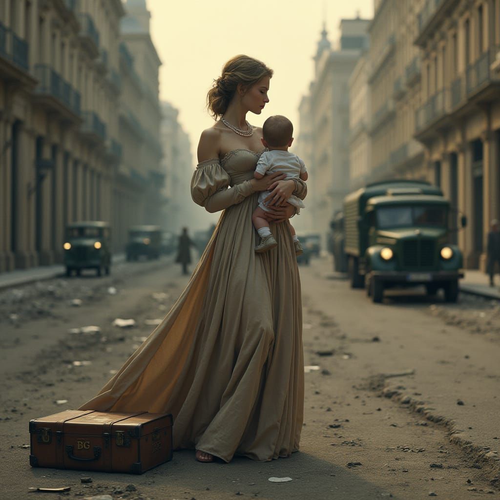 Em uma cidade completamente destruída, uma mulher em um vest...