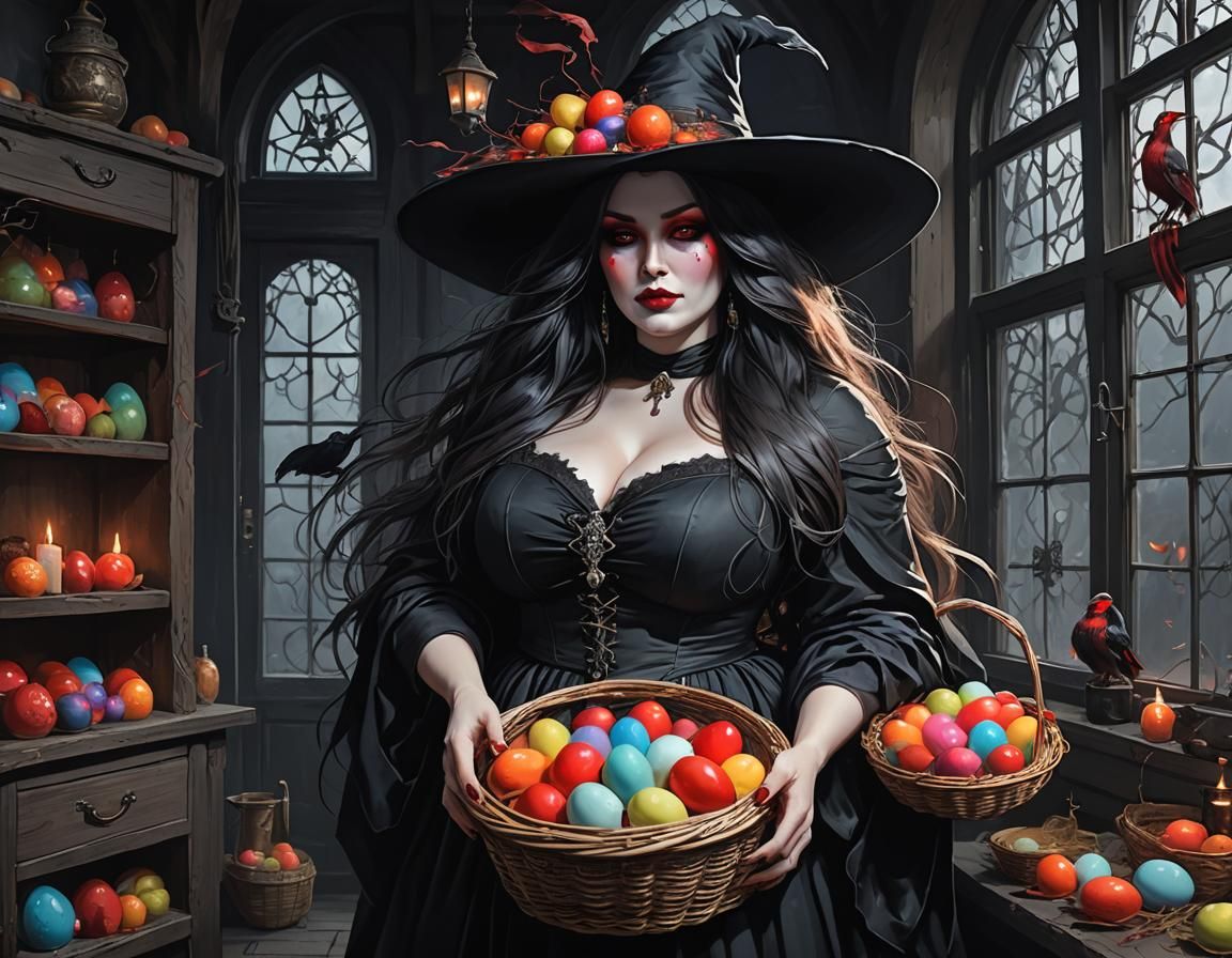 Curvy Eastern Witch with Eggs in Dramatic Lighting