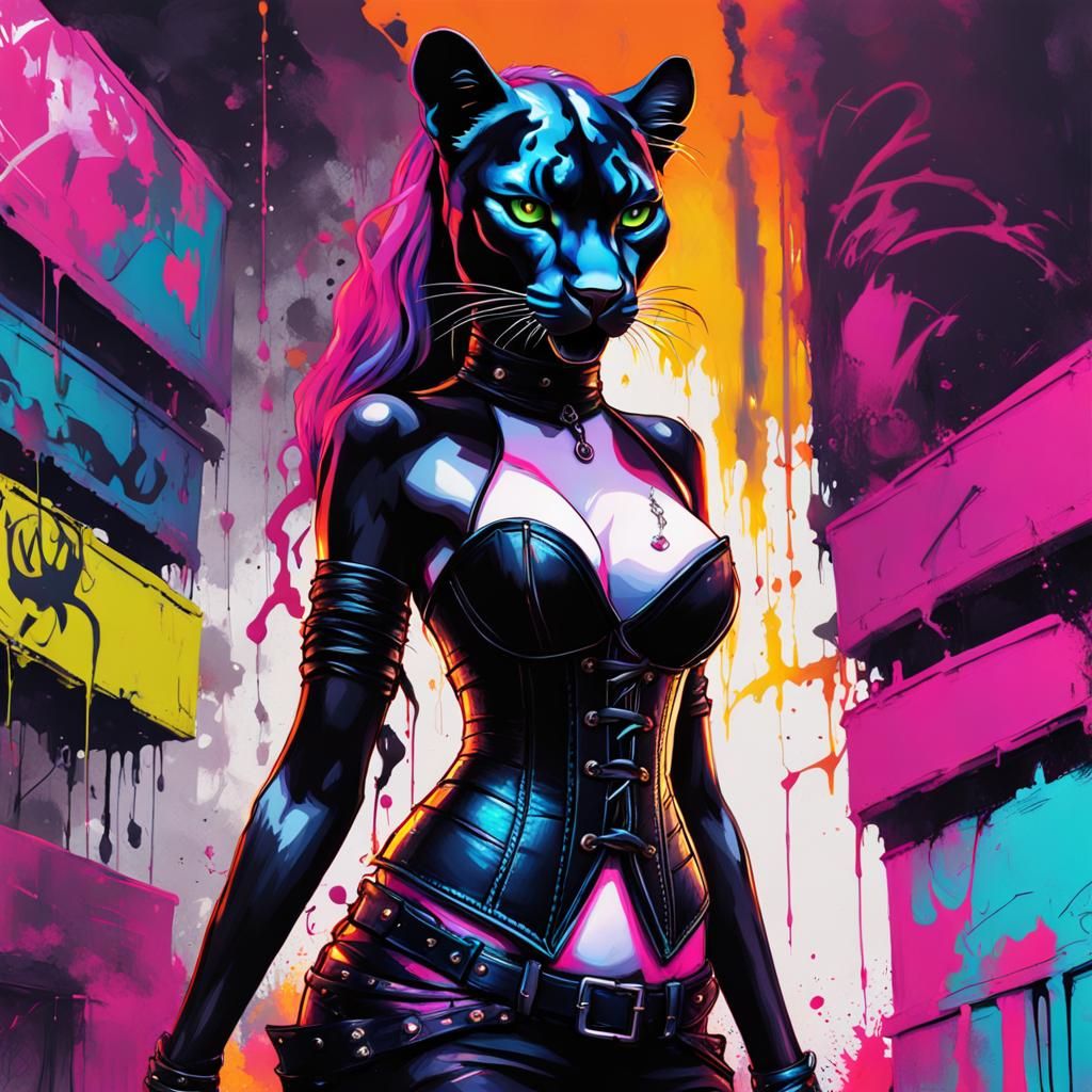 Goth Panther DJ in Neon Graffiti Art