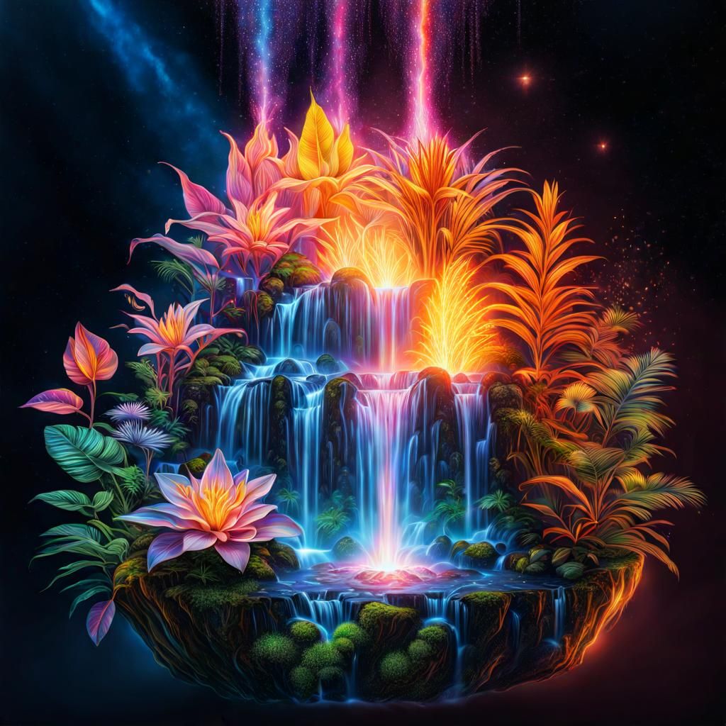 Burning Waterfall with Magical Plants: Astral Photography