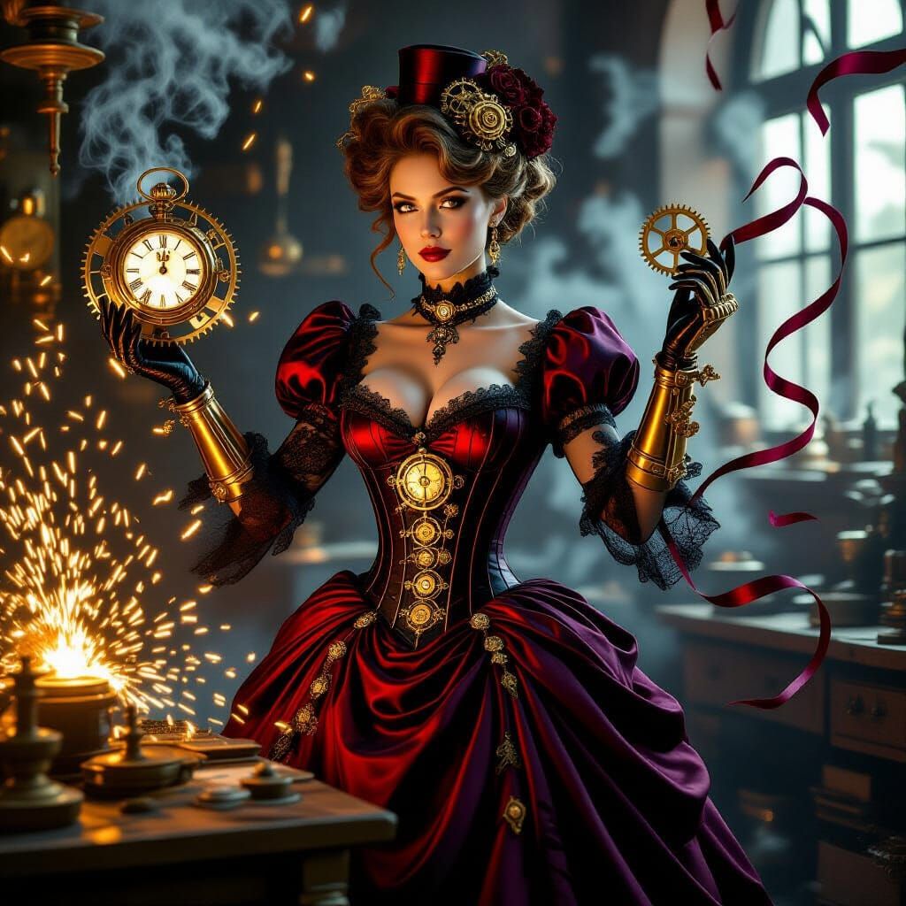 Steampunk Countess with Clockwork Heart in Opulent Workshop