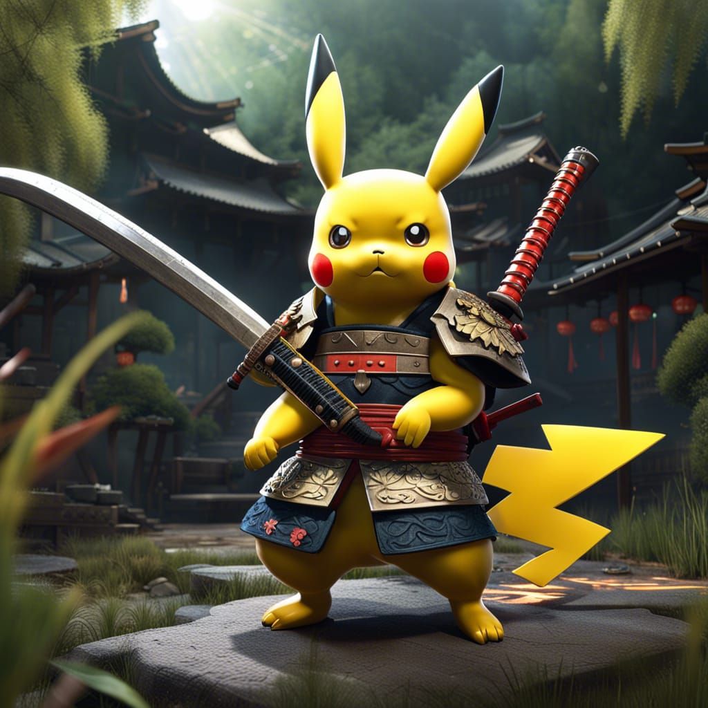 Pikachu Samurai Warrior in Backyard, 4K Art