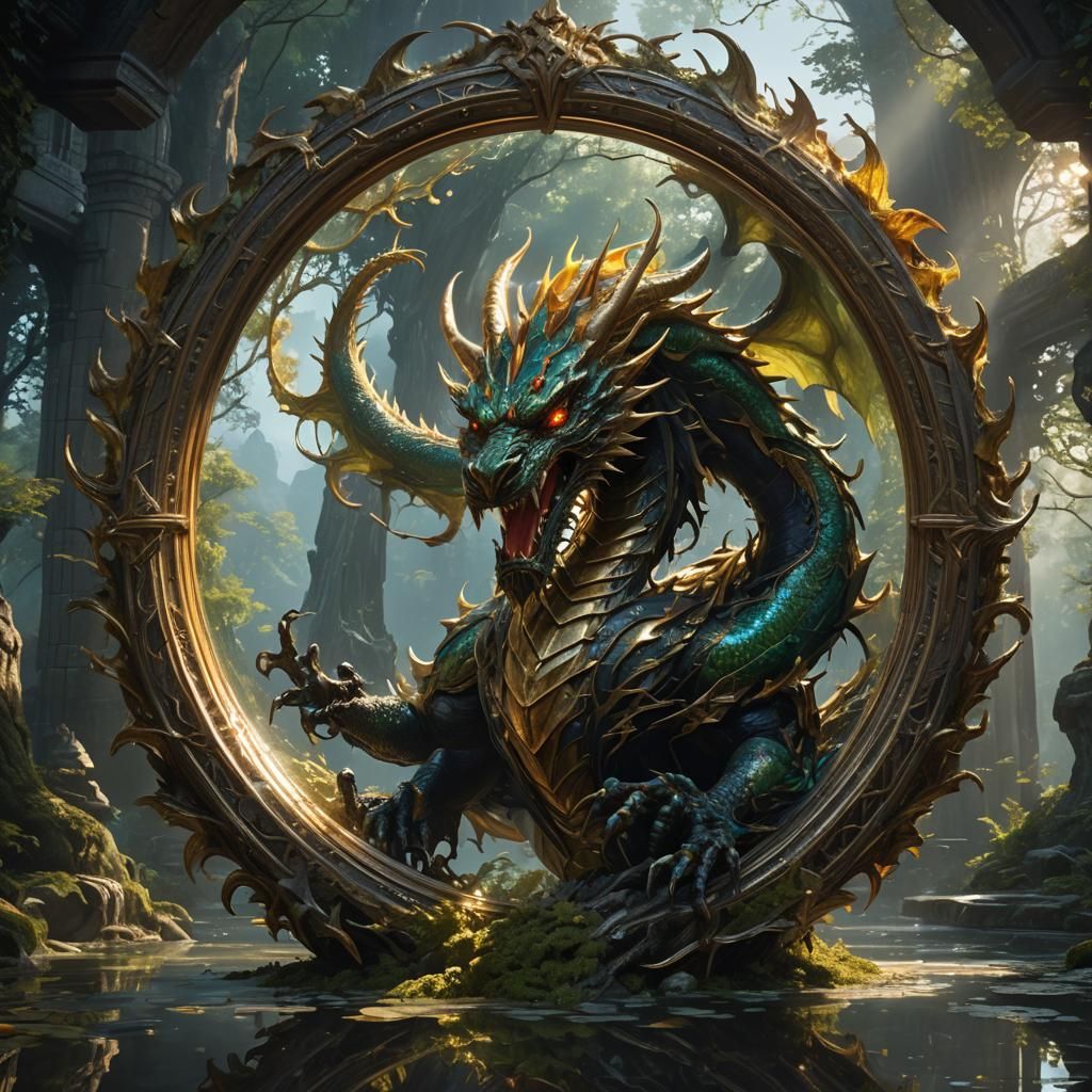 Luminous Dragon Reflection in Dark Fantasy Art