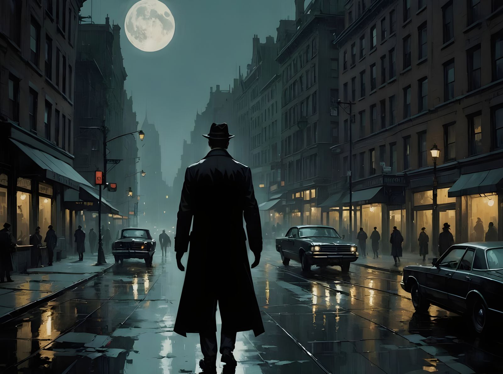 Noir Detective in Gothic City at Night