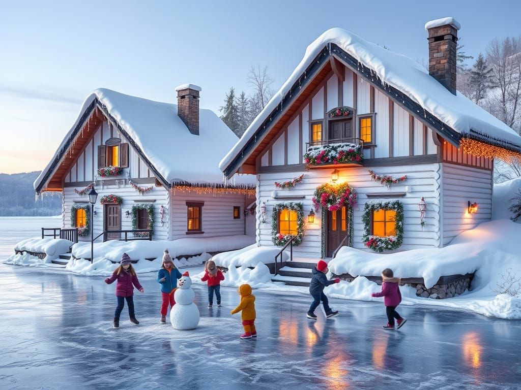 Winter Wonderland: Houses by Frozen Lake