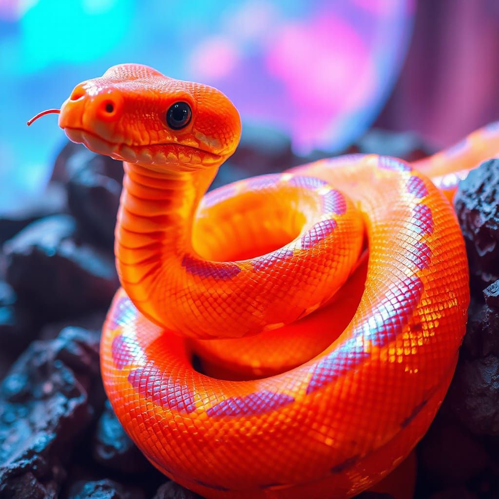 Vibrant Iridescent Snake Coiled in Dreamlike Neon Art