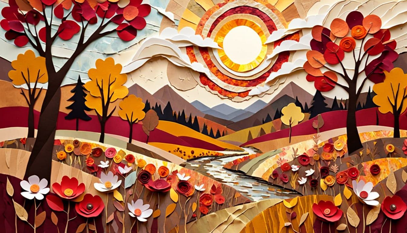 Autumn Meadow: Whimsical Impressionist Paper Collage