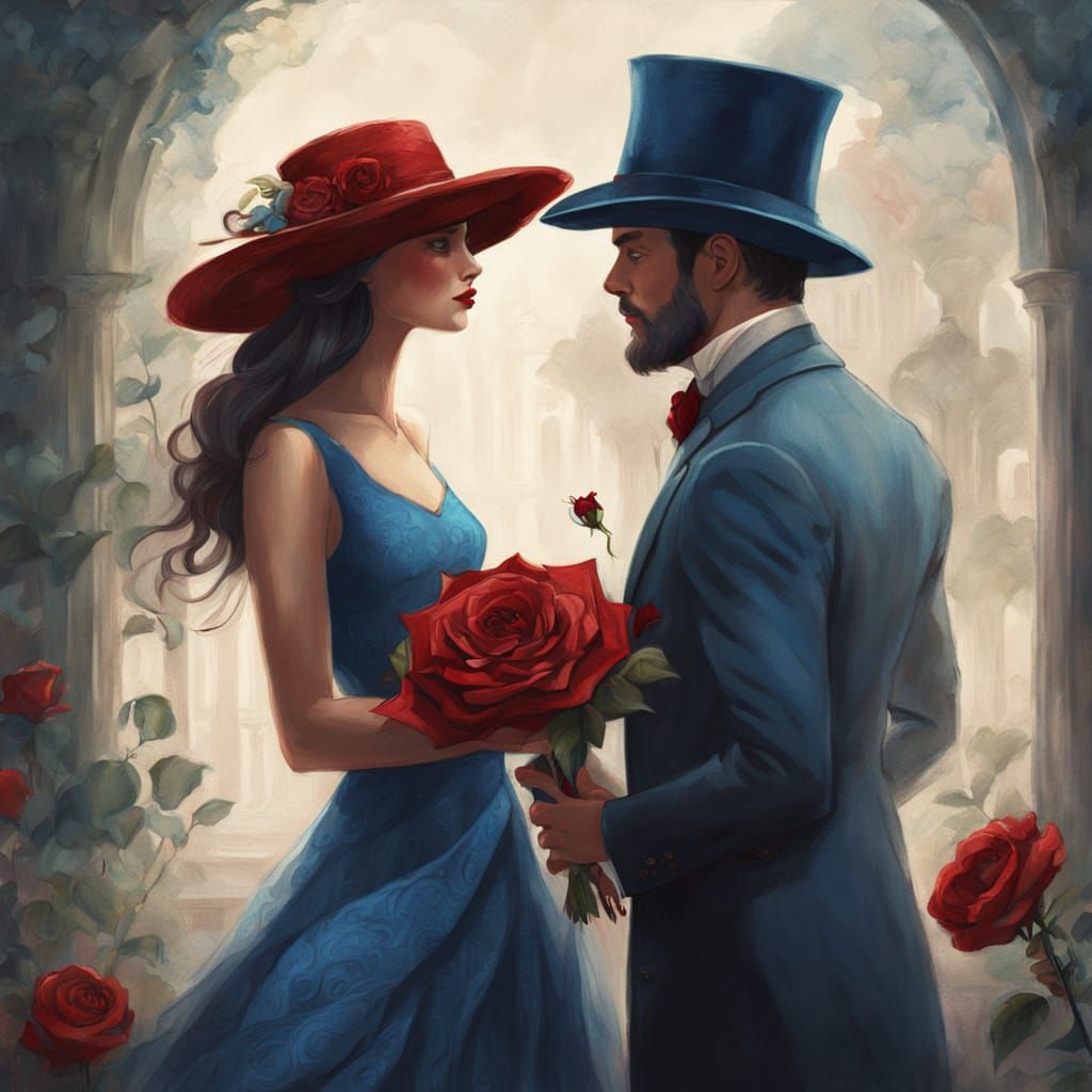 Elegant Woman in Blue Hat Receives Red Rose in Painterly Sty...