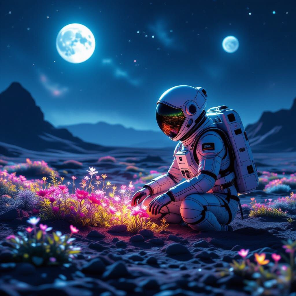 Astronaut Tends Glowing Garden on Alien Planet with Twin Moo...