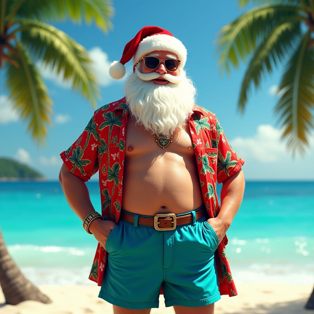 Santa Claus on Vacation in Hawaiian Shirt