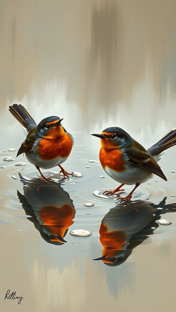A painted portrait in the style of John Singer Sargent captures playful robins. The interplay of textures is masterfully...