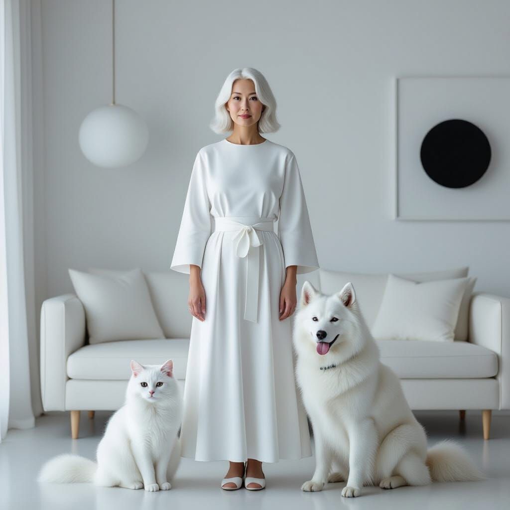 Monochrome Serenity: Woman in White with Animals