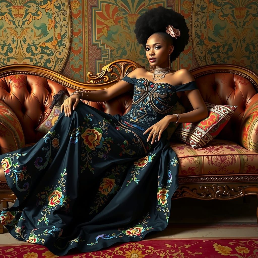 Woman in Embroidered Gown, Art Nouveau Style